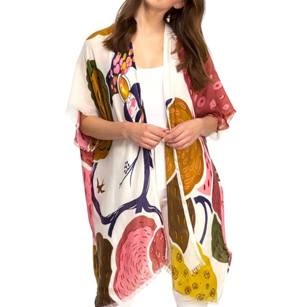 White Whimsical Floral Kimono‎